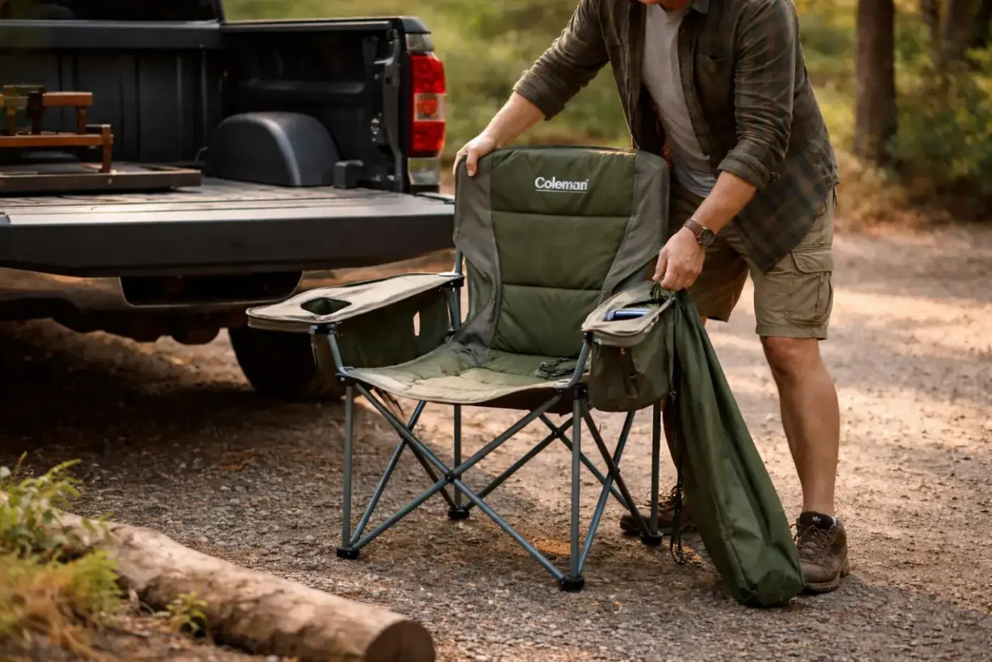 Person unfolding a Coleman camping chair at a campsite next to a truck
