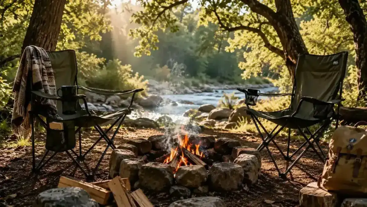 Two camping chairs set up around a fire ring at a wooded campsite in morning light
