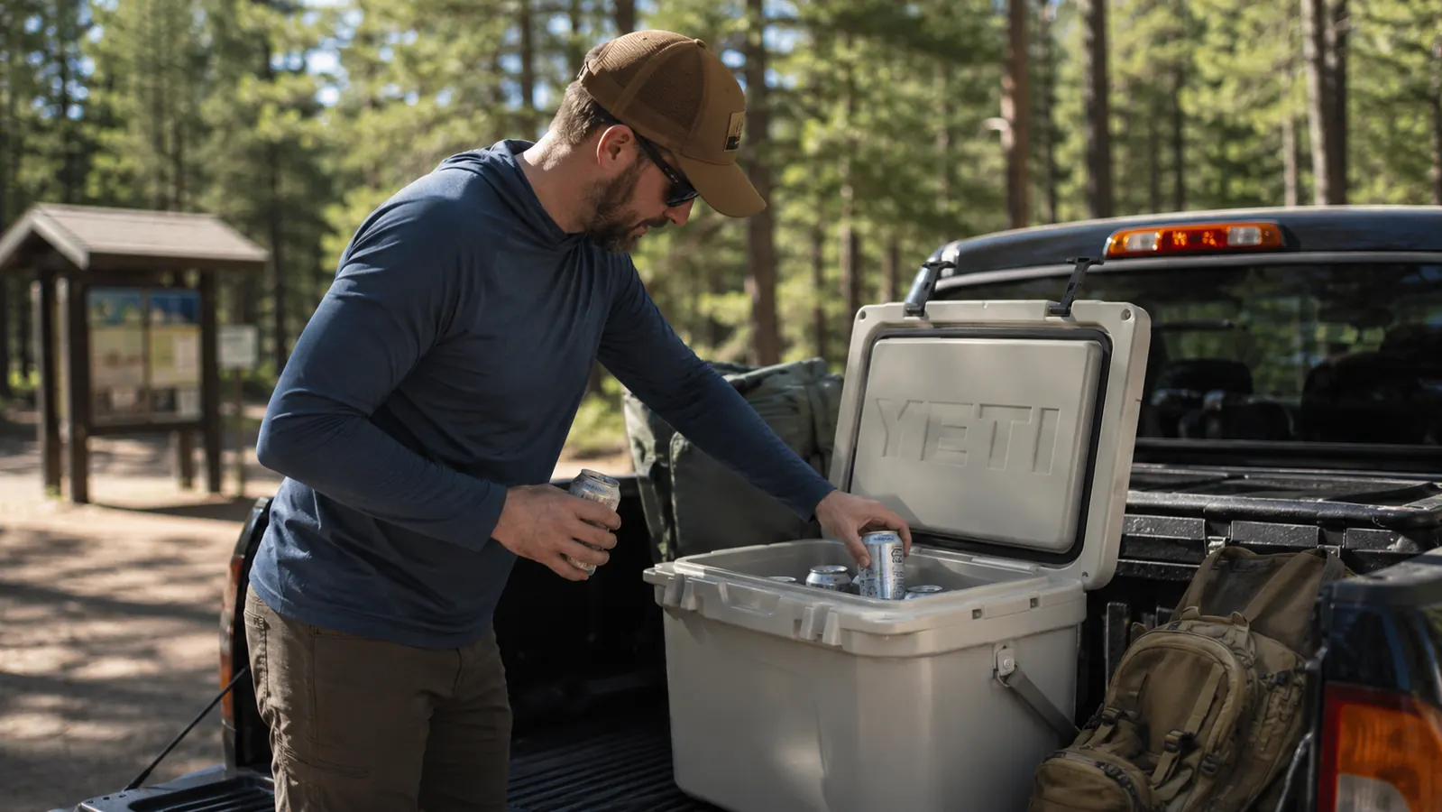 Camper placing drinks into a hard-sided cooler in the back of a pickup truck at a trailhead