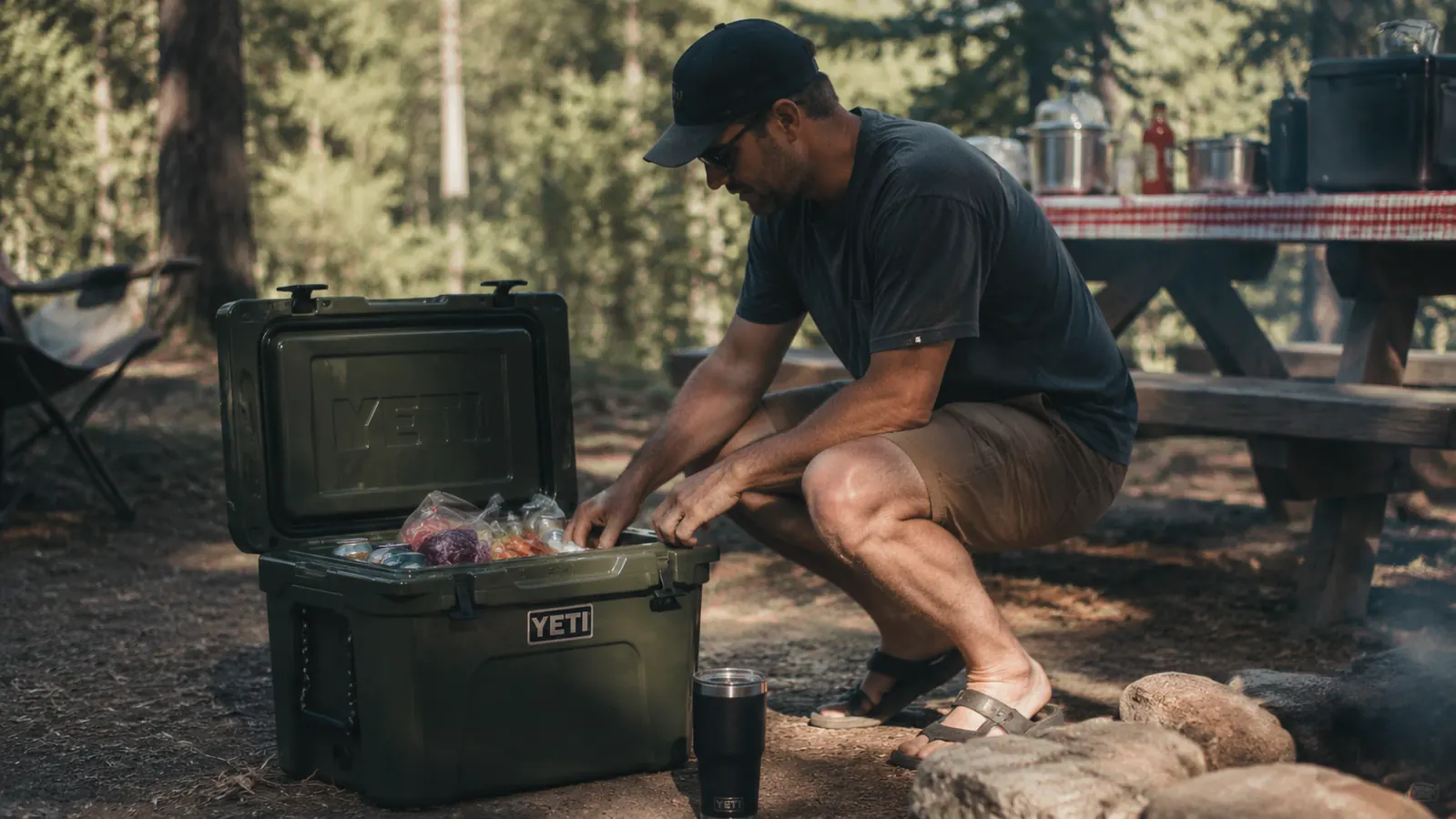 Igloo BMX hard-sided cooler sitting at a shaded campsite next to a picnic table with food and drinks