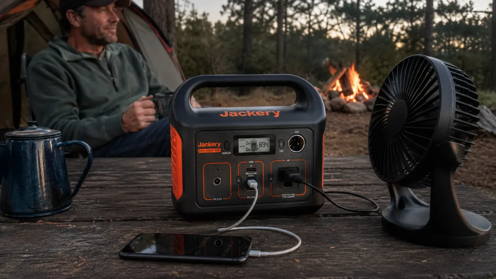 Jackery Explorer 300 power station being used at a campsite with a fan and phone plugged in simultaneously