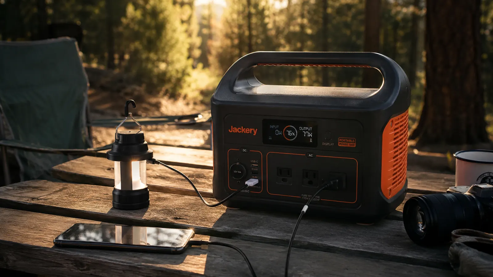Jackery Explorer 300 portable power station sitting on a picnic table at a wooded campsite at dusk, surrounded by charging cables and a small lantern
