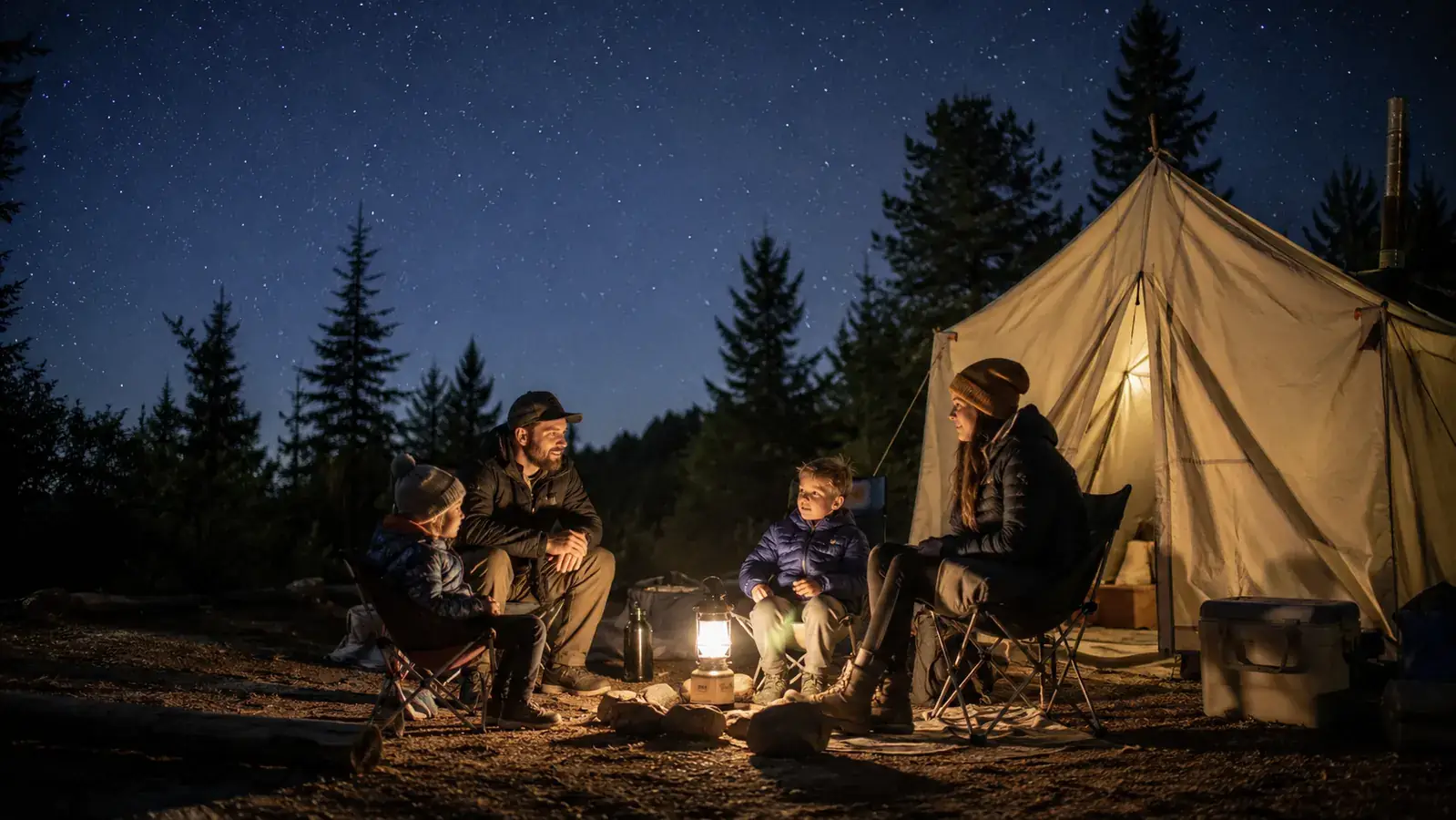 Camping family gathered around a glowing lantern at their tent site at night