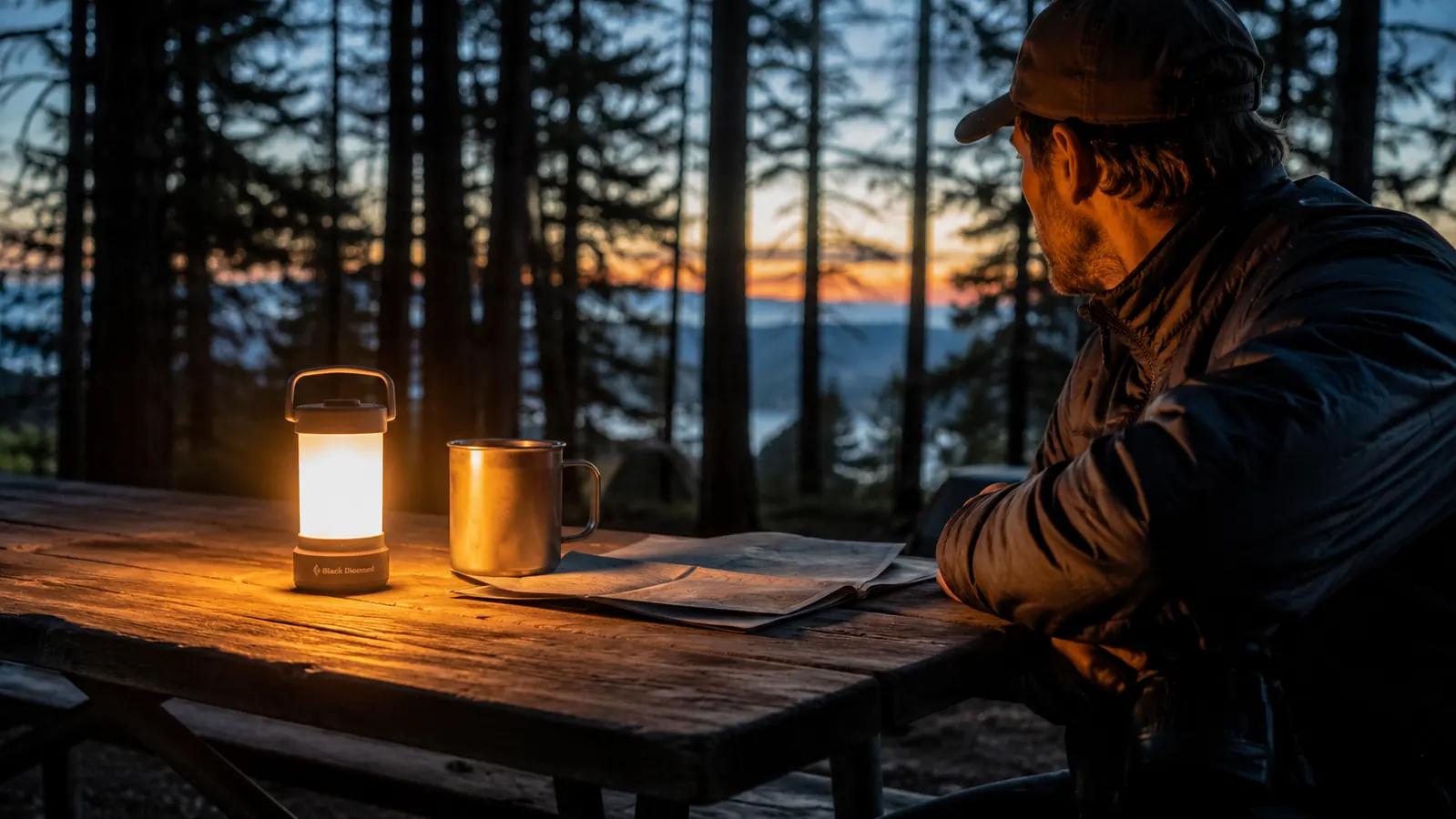 Rechargeable LED camping lantern glowing on a picnic table at a forested campsite after dark