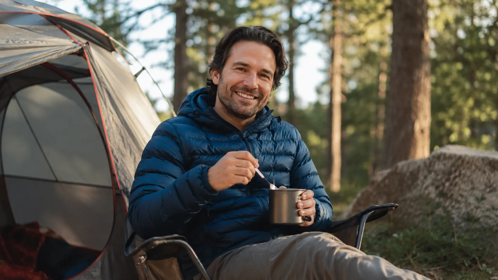 Happy camper eating breakfast outside tent in morning sunlight