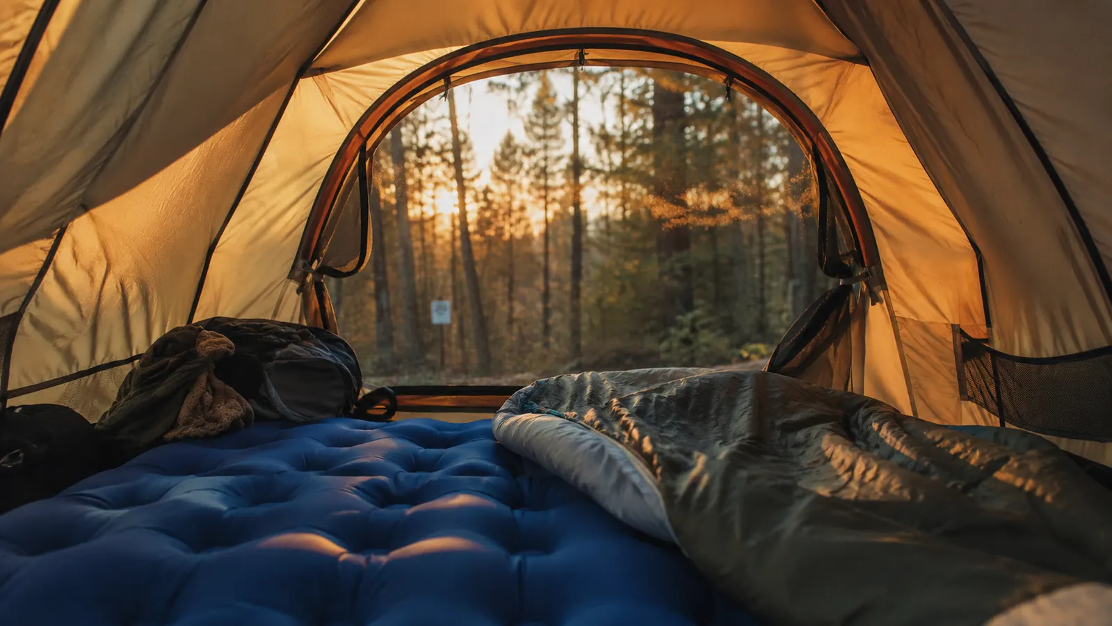 Inflatable sleeping pad laid out in a tent on a forest campsite at dusk