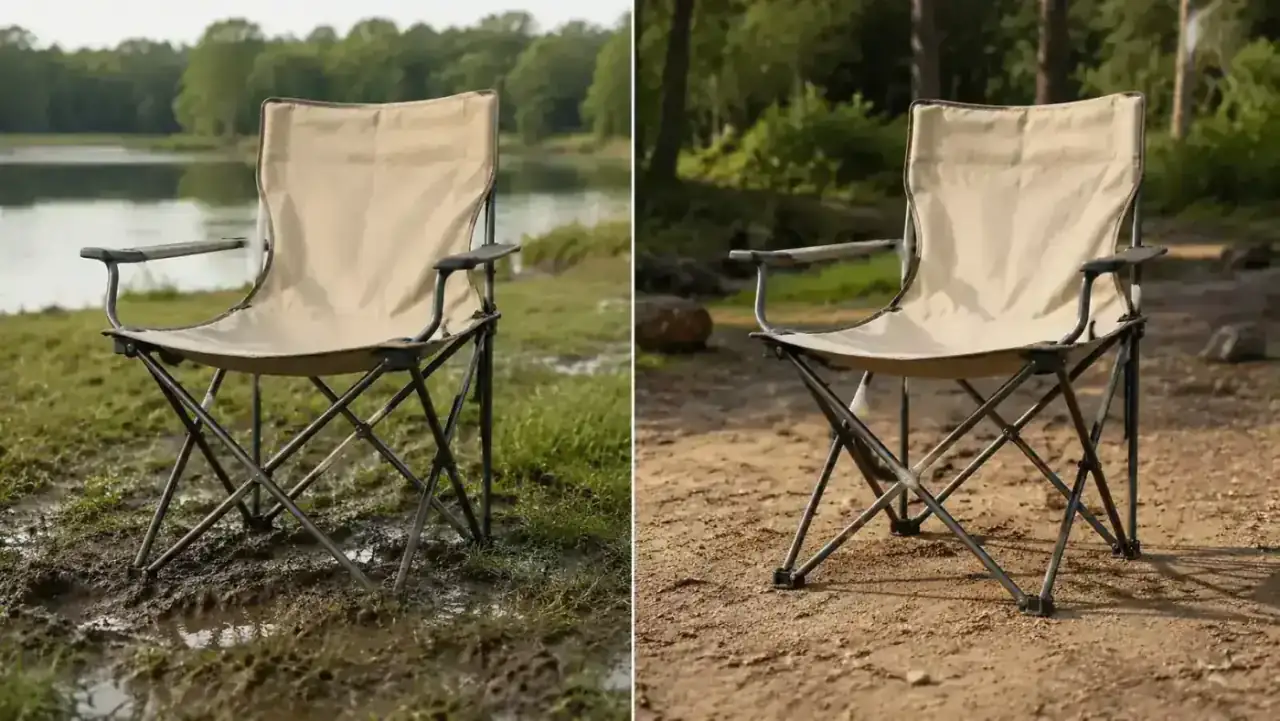 Coleman camping chair on soft muddy ground showing leg sinkage compared to the same chair on firm packed dirt