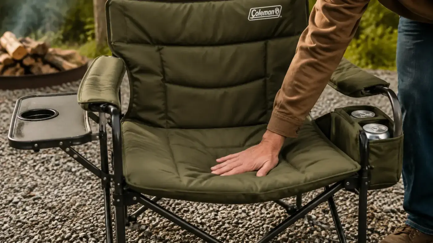 Hand pressing down on the cushioned seat of a Coleman camping chair to test firmness, parked on gravel campsite
