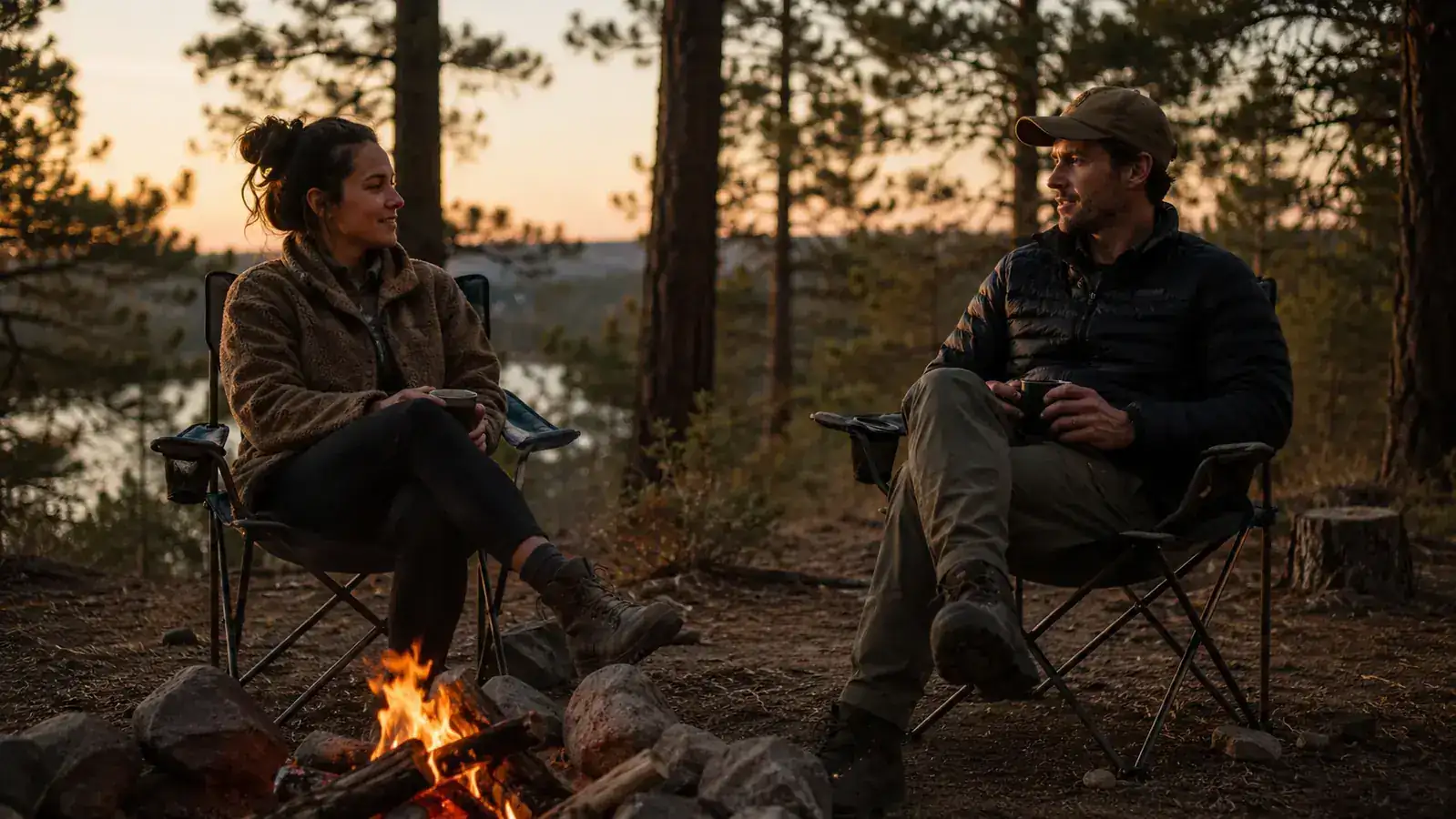 Two adults relaxing in Coleman camping chairs around a campfire at dusk, trees in the background