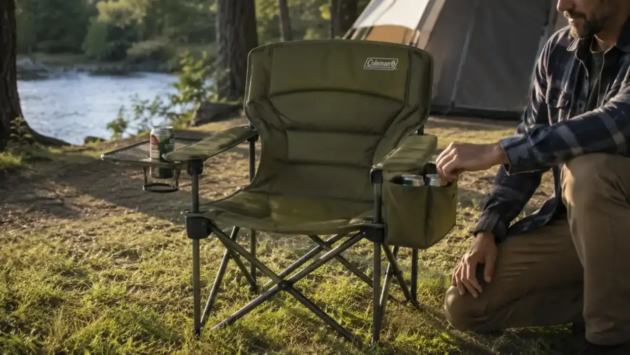 Coleman camping chair with built-in side table and can cooler set up on grass near a campsite