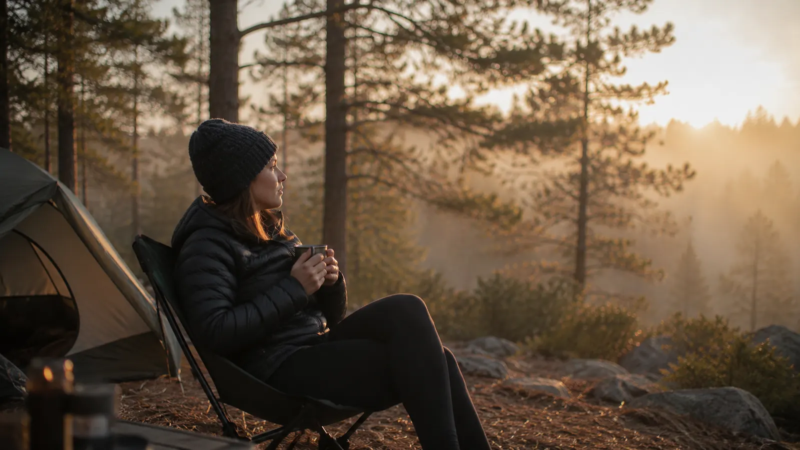 Person sipping coffee in a camp chair at sunrise with fog visible through the trees