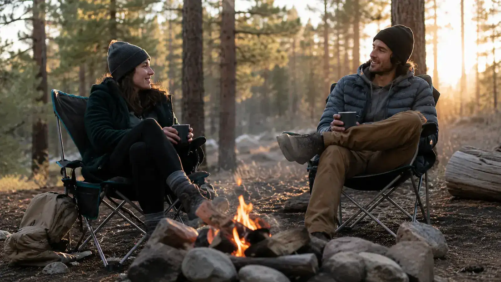 Two adults relaxing in camp chairs around a small fire at a forest campsite at dusk