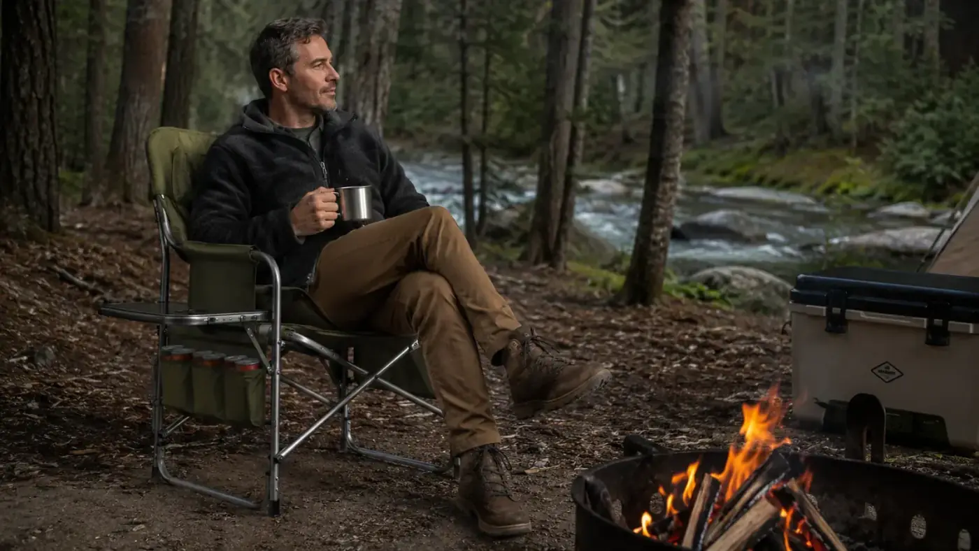 Camper sitting in a Coleman portable camping chair next to a fire pit, relaxed weekend camper vibe