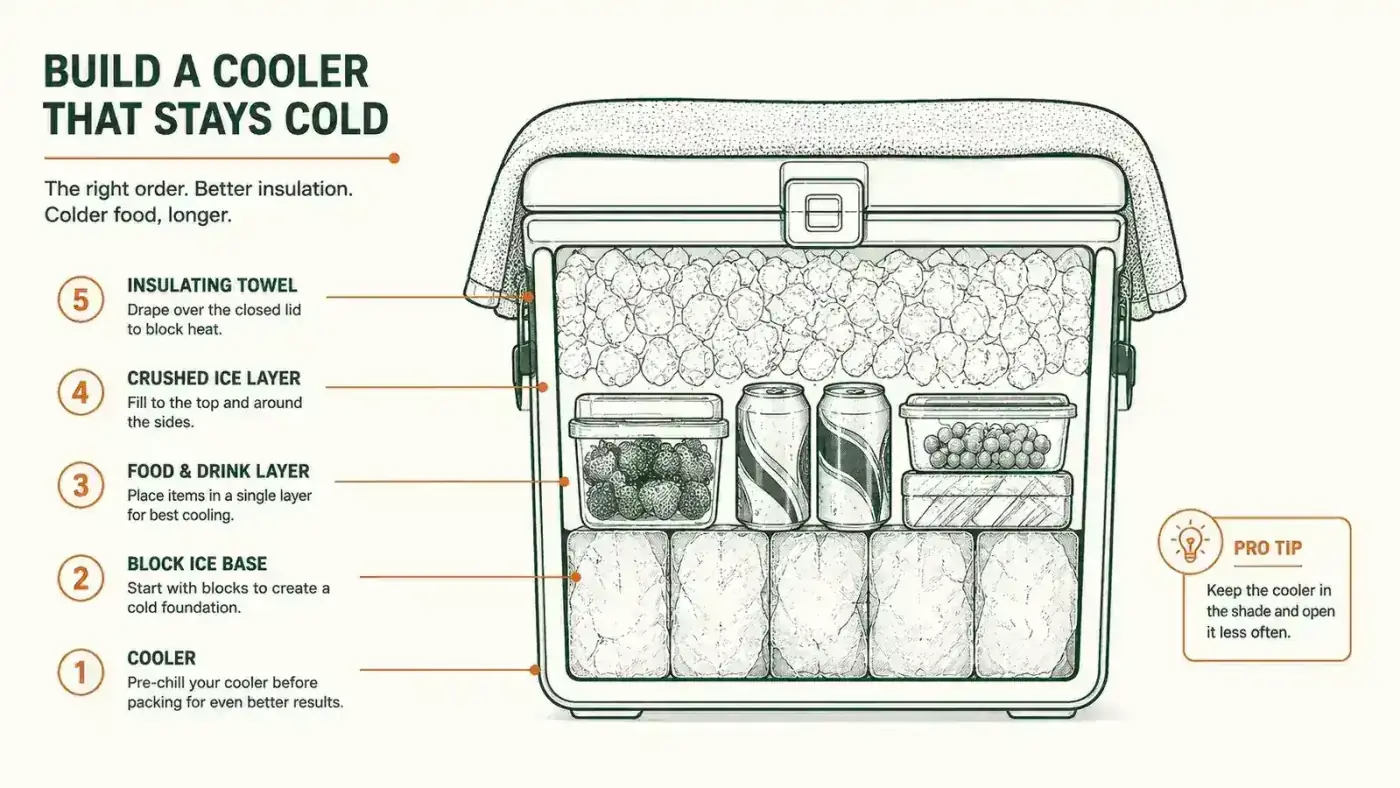Diagram showing correct cooler packing layers: block ice on bottom, food in middle, crushed ice on top, with a towel draped over the lid