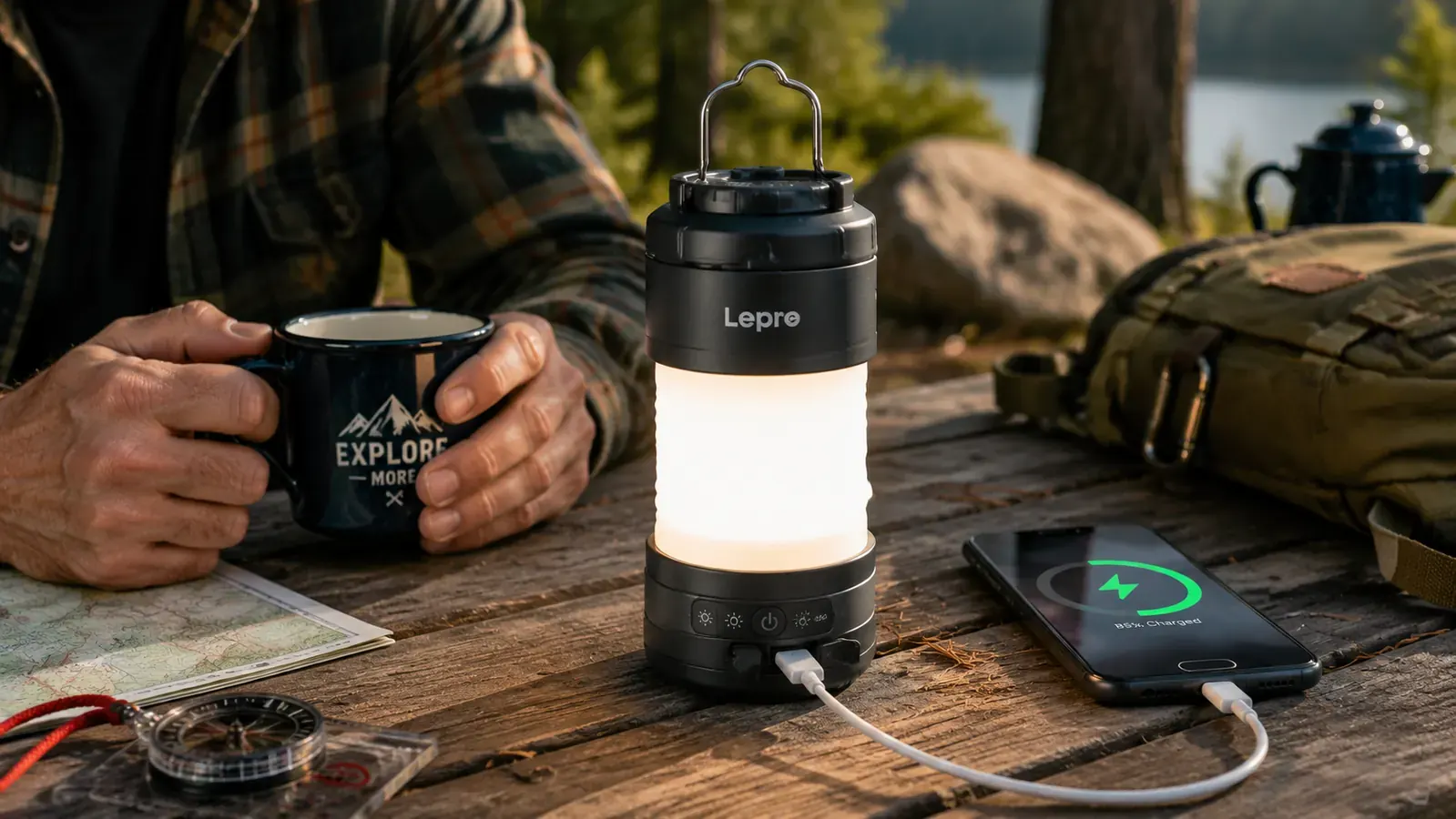 Lepro rechargeable camping lantern sitting on a picnic table with a USB-C cable plugged in, charging before a trip