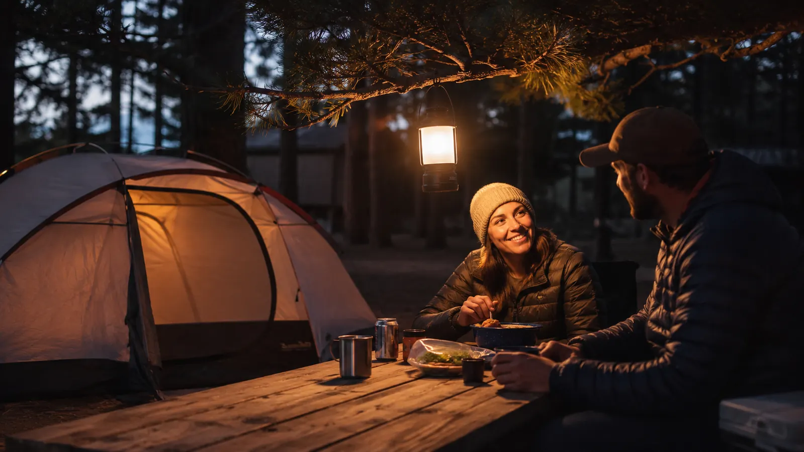 A tent campsite at dusk lit by a warm LED lantern hanging from a tree branch, forest in background