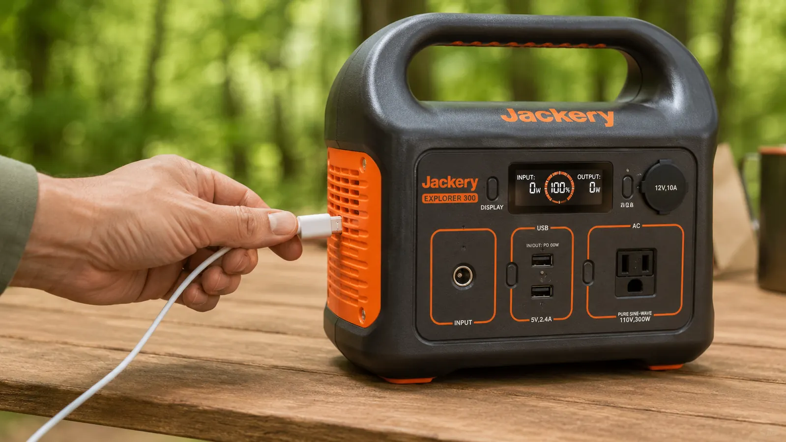 Hand plugging a phone charging cable into the USB-A port on the Jackery Explorer 300 at a camp table