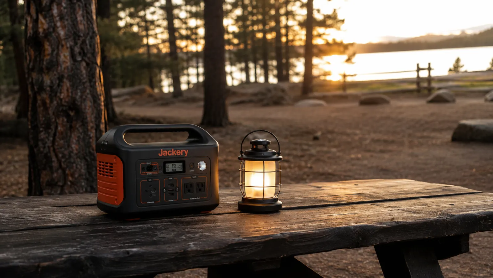 Jackery Explorer 300 power station on a picnic table at a forested campsite at dusk with a rechargeable lantern glowing beside it