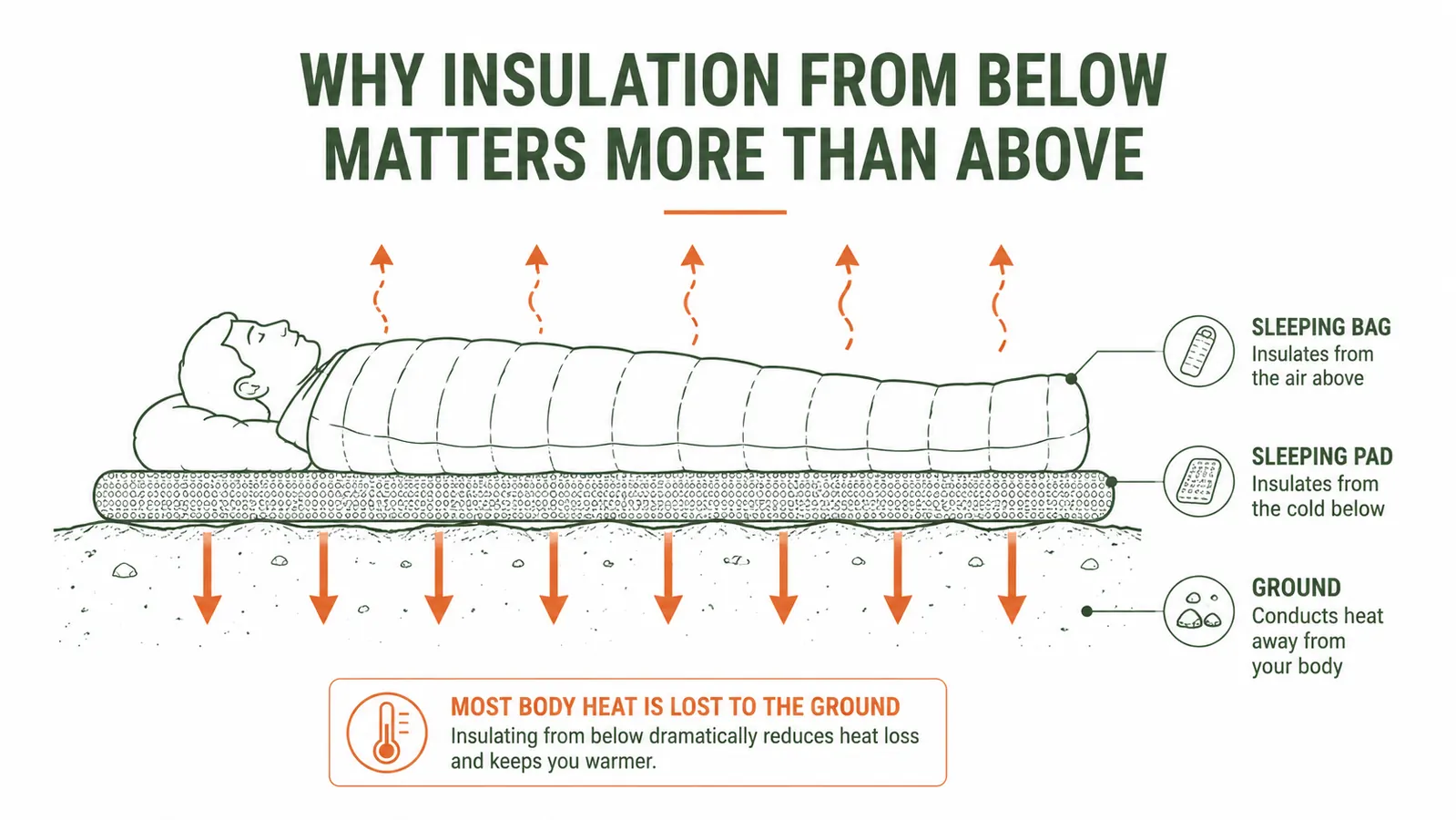 Cross-section diagram showing sleeping pad under sleeping bag with arrows indicating heat rising from the ground