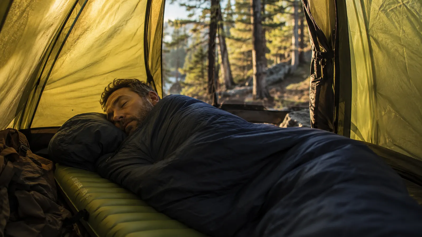 Person sleeping soundly inside a tent on an inflatable sleeping pad, soft morning light filtering through the tent walls