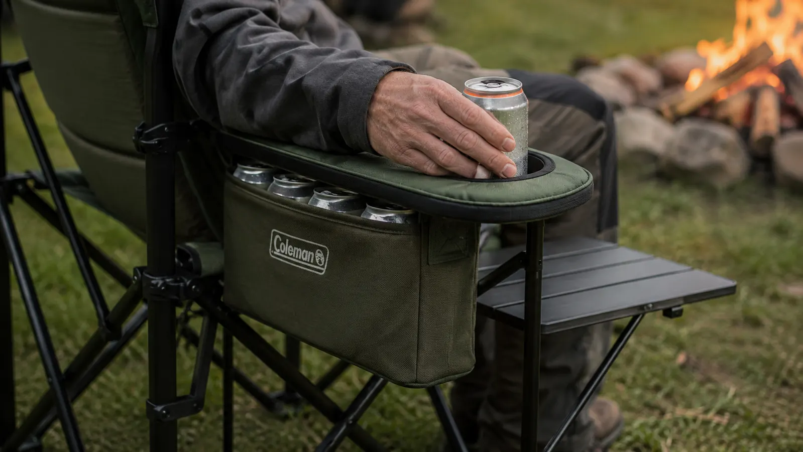 Close-up of camping chair armrest with built-in cup holder holding a cold drink, campsite in soft background focus