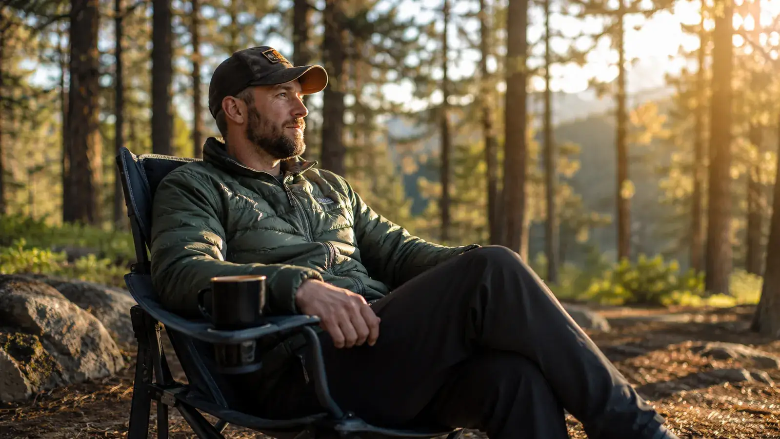Man relaxing in a camping chair at a wooded campsite with coffee mug in hand, morning light filtering through pines