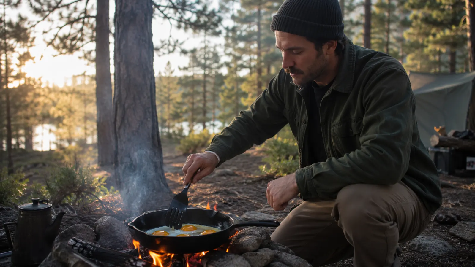 Camper cooking breakfast at a campfire with forest in the background