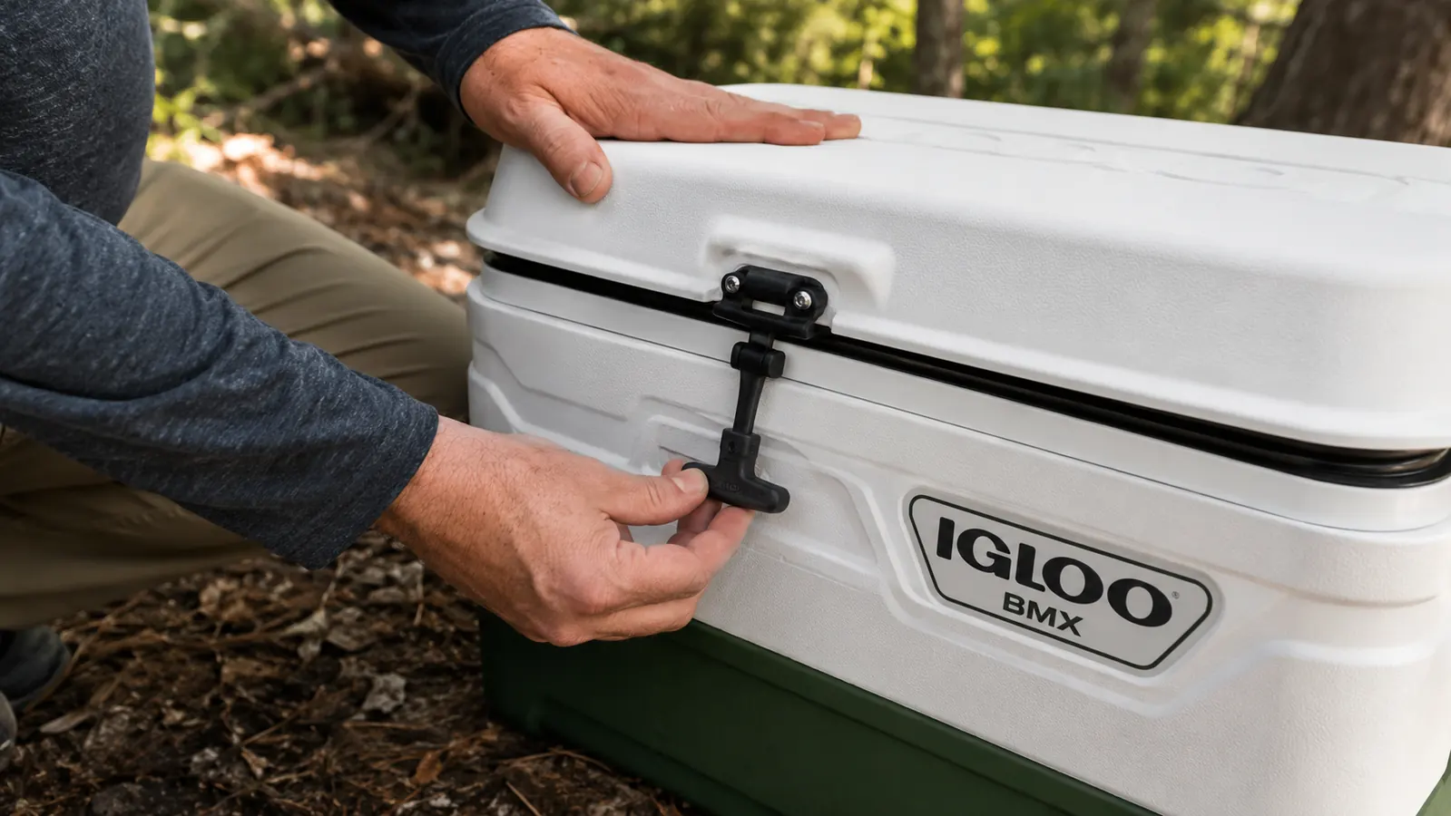Close-up of the Igloo BMX cooler rubber T-latch and lid gasket from the side