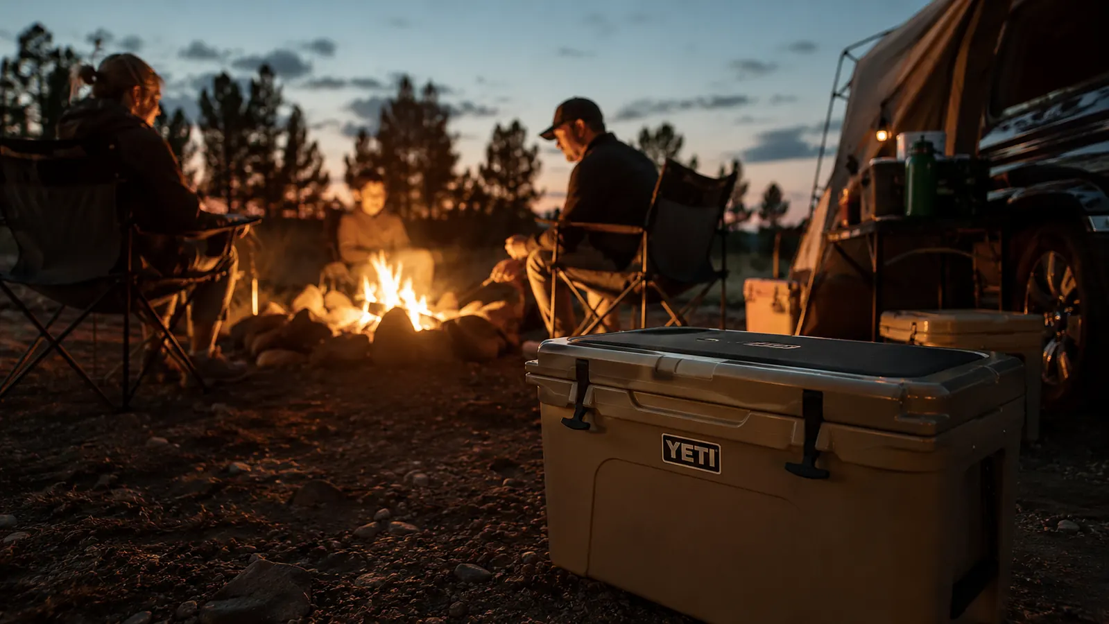 Igloo BMX cooler beside a campfire with two camp chairs and a family cooking scene