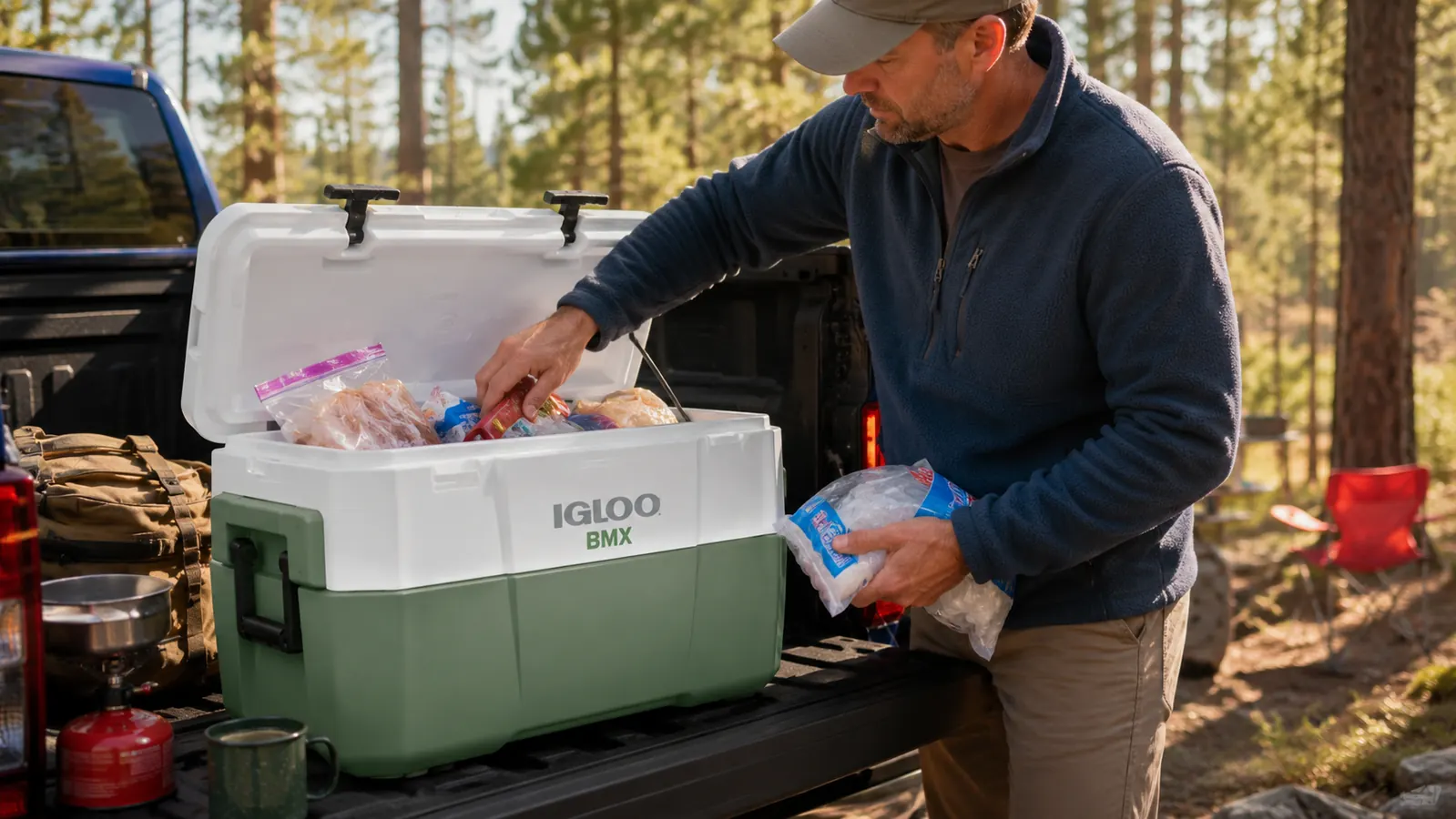 Person loading ice and food into the Igloo BMX cooler at the back of a pickup truck