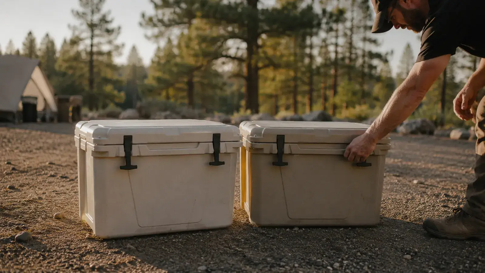 Two hard-sided coolers sitting side by side at a gravel campsite with a pine forest in the background