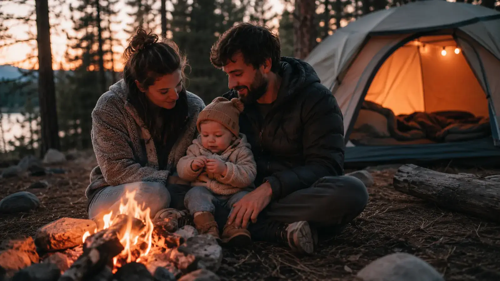 Young family sitting around a glowing campsite at dusk, a toddler in a camp chair between two parents, lantern and power station visible on the picnic table