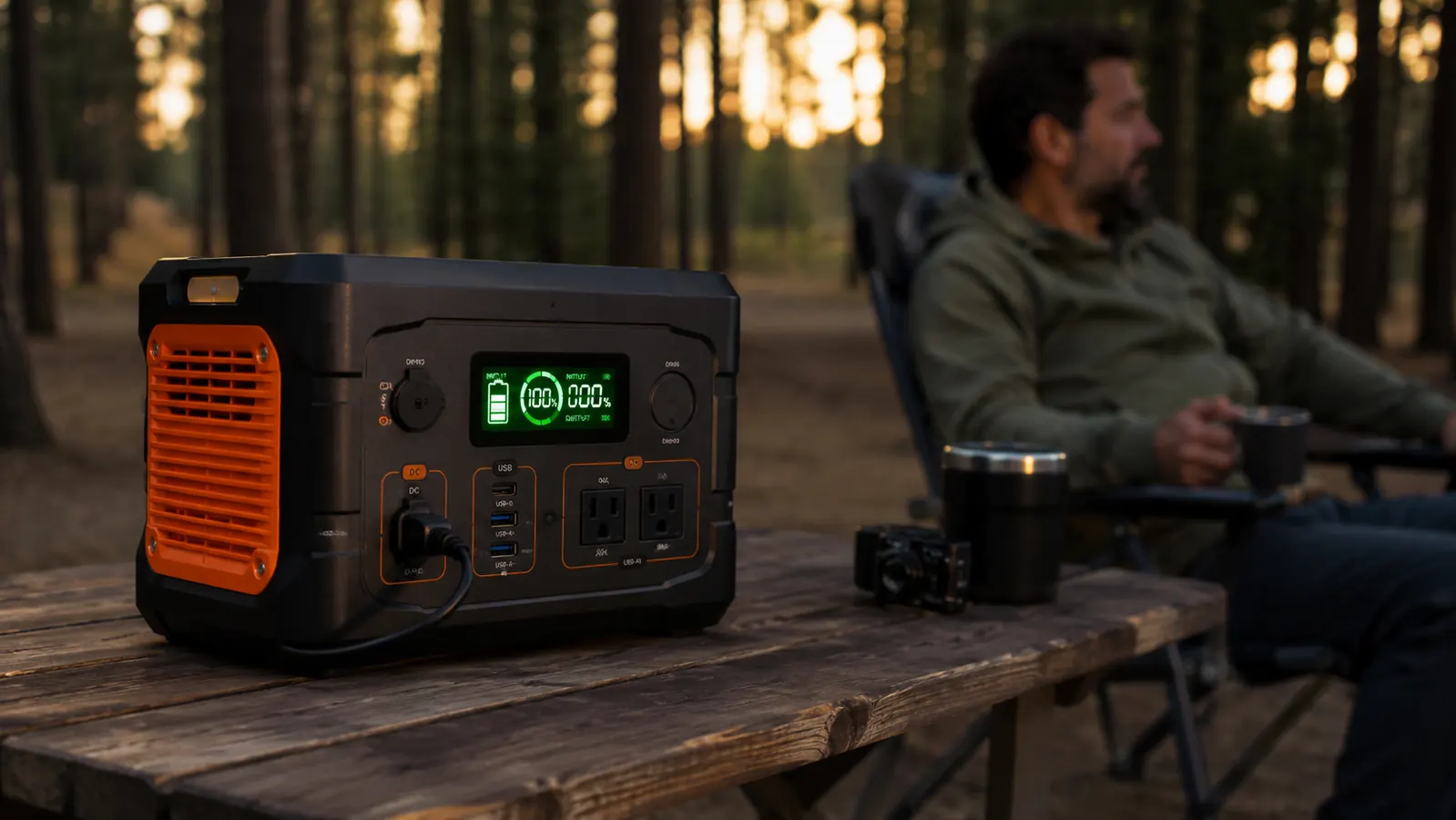 Jackery Explorer 300 power station sitting on a picnic table at a wooded campsite at dusk, glowing display panel visible