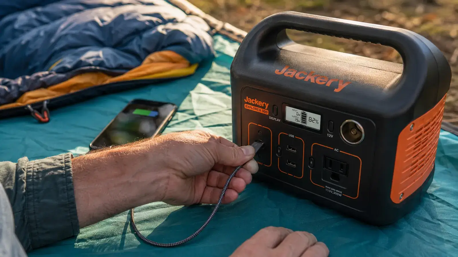 Hand plugging a USB-C cable into the Jackery Explorer 300 while a phone charges on a tent footprint