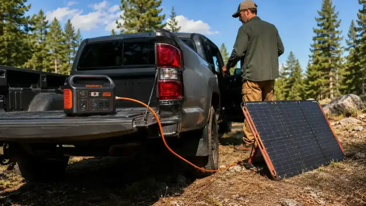 Jackery Explorer 300 being charged via a folded solar panel leaned against a truck door in a sunny clearing