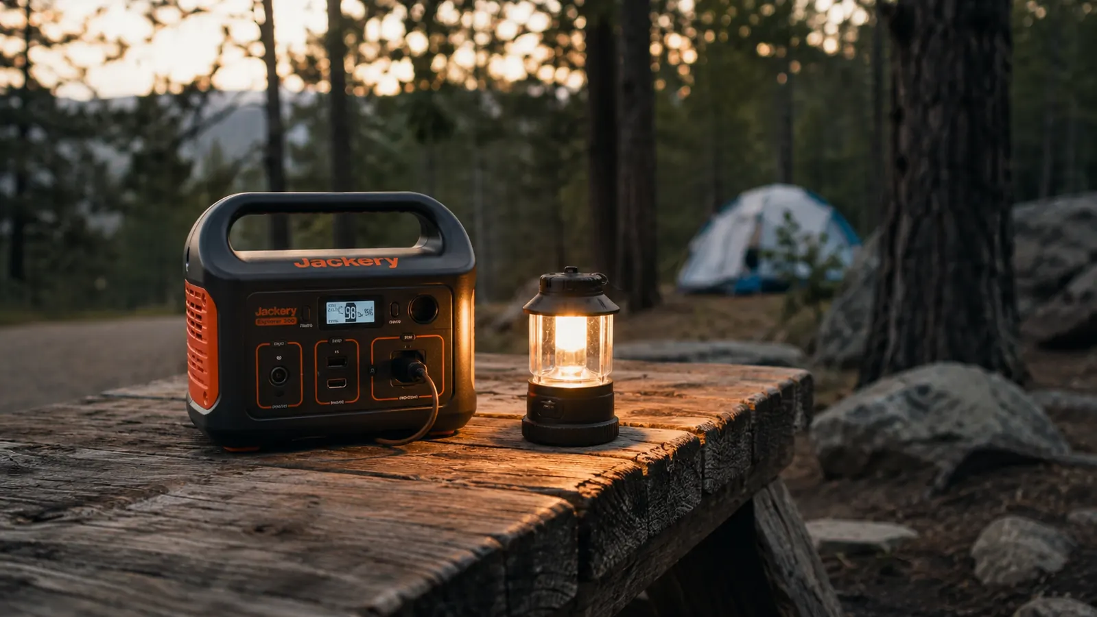 Jackery Explorer 300 power station sitting on a picnic table at a forested campsite at dusk, lantern glowing beside it