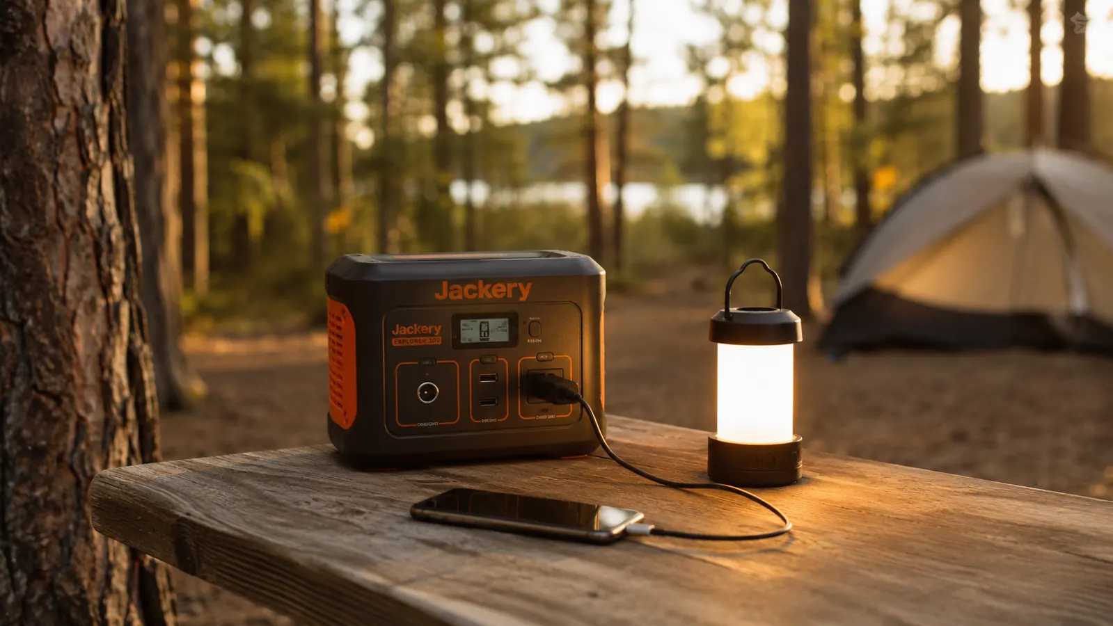 Jackery Explorer 300 power station sitting on a picnic table at a forested campsite at dusk, devices plugged in