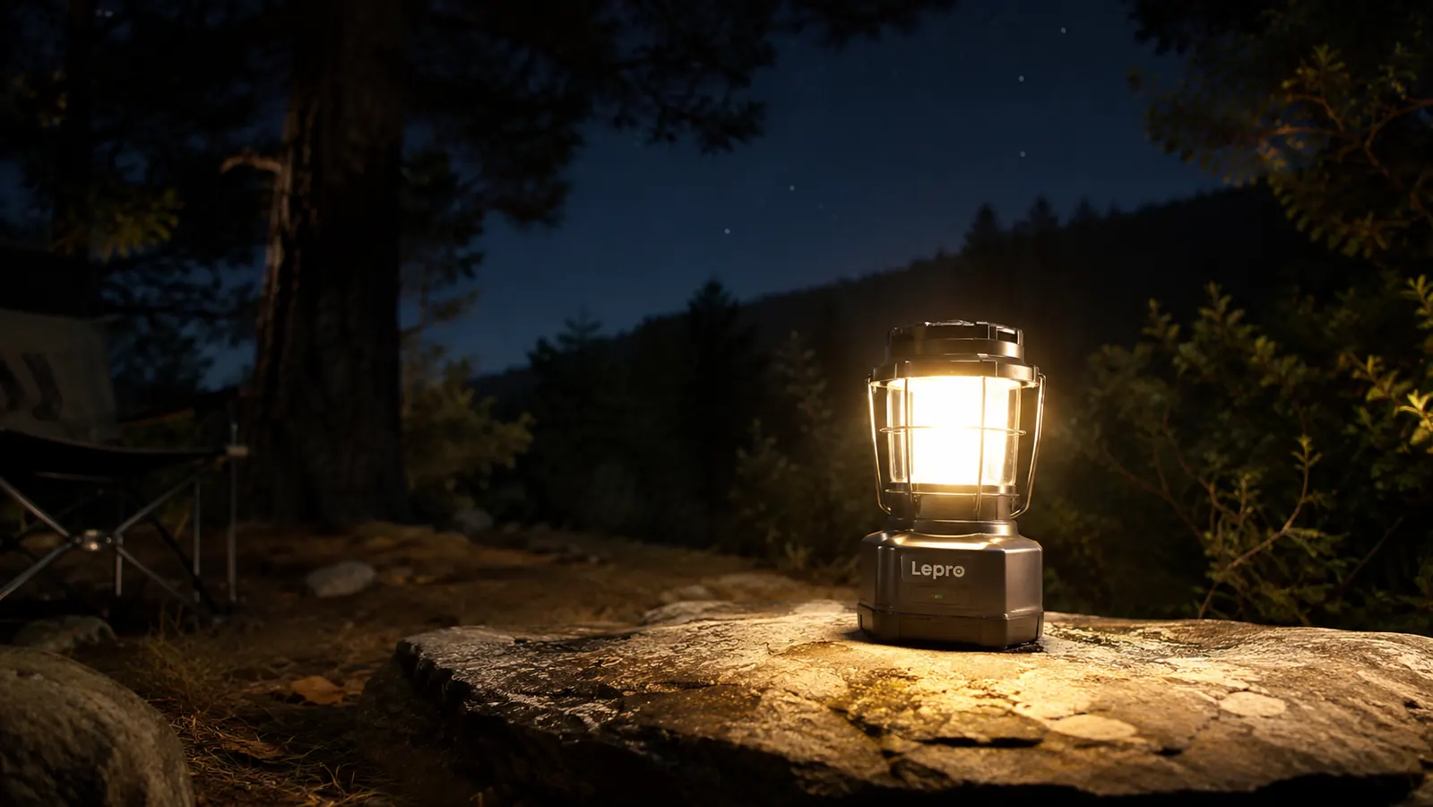 Lepro LED camping lantern standing on a rocky campsite surface at night with trees visible behind it