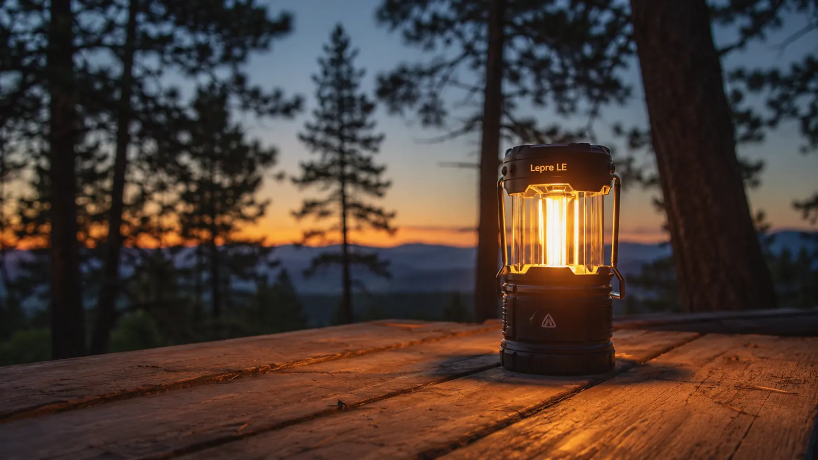 Lepro LED camping lantern glowing on a picnic table at dusk with pine trees in the background
