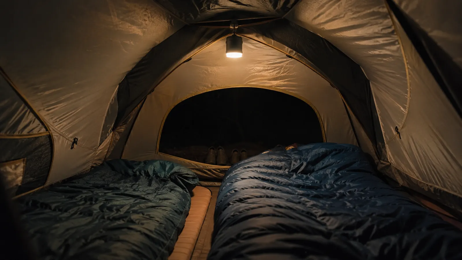 Camp lantern hanging from a tent ridge line inside a tent at night, illuminating two sleeping bags and camping gear with soft warm light
