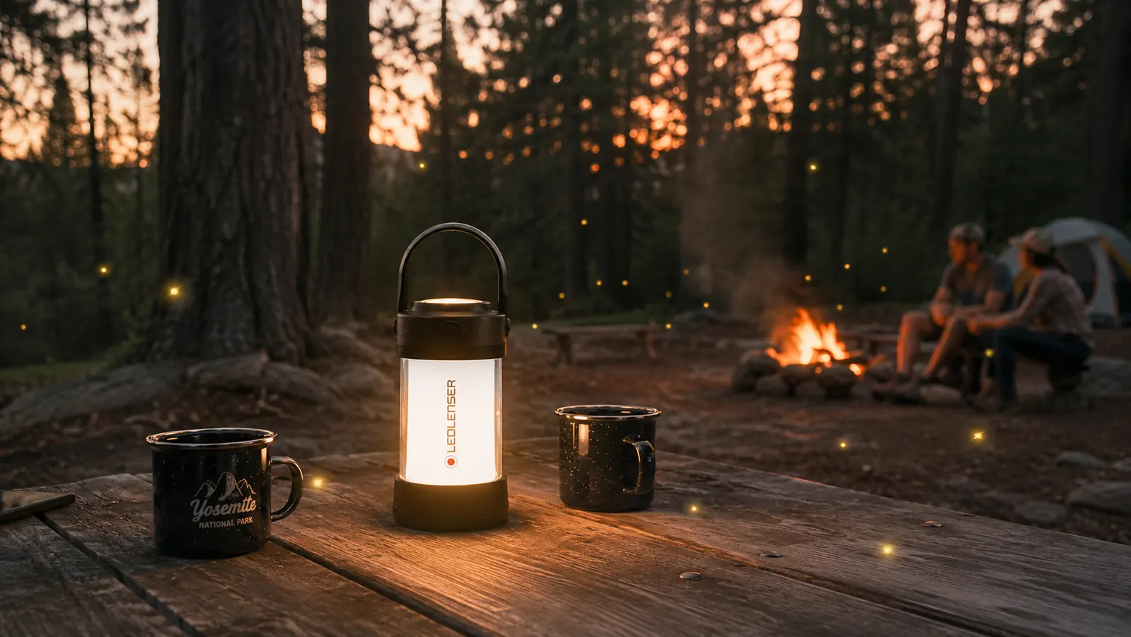 Glowing camp lantern on a picnic table at a pine-forest campsite at dusk, warm golden light spreading across gear and coffee mugs
