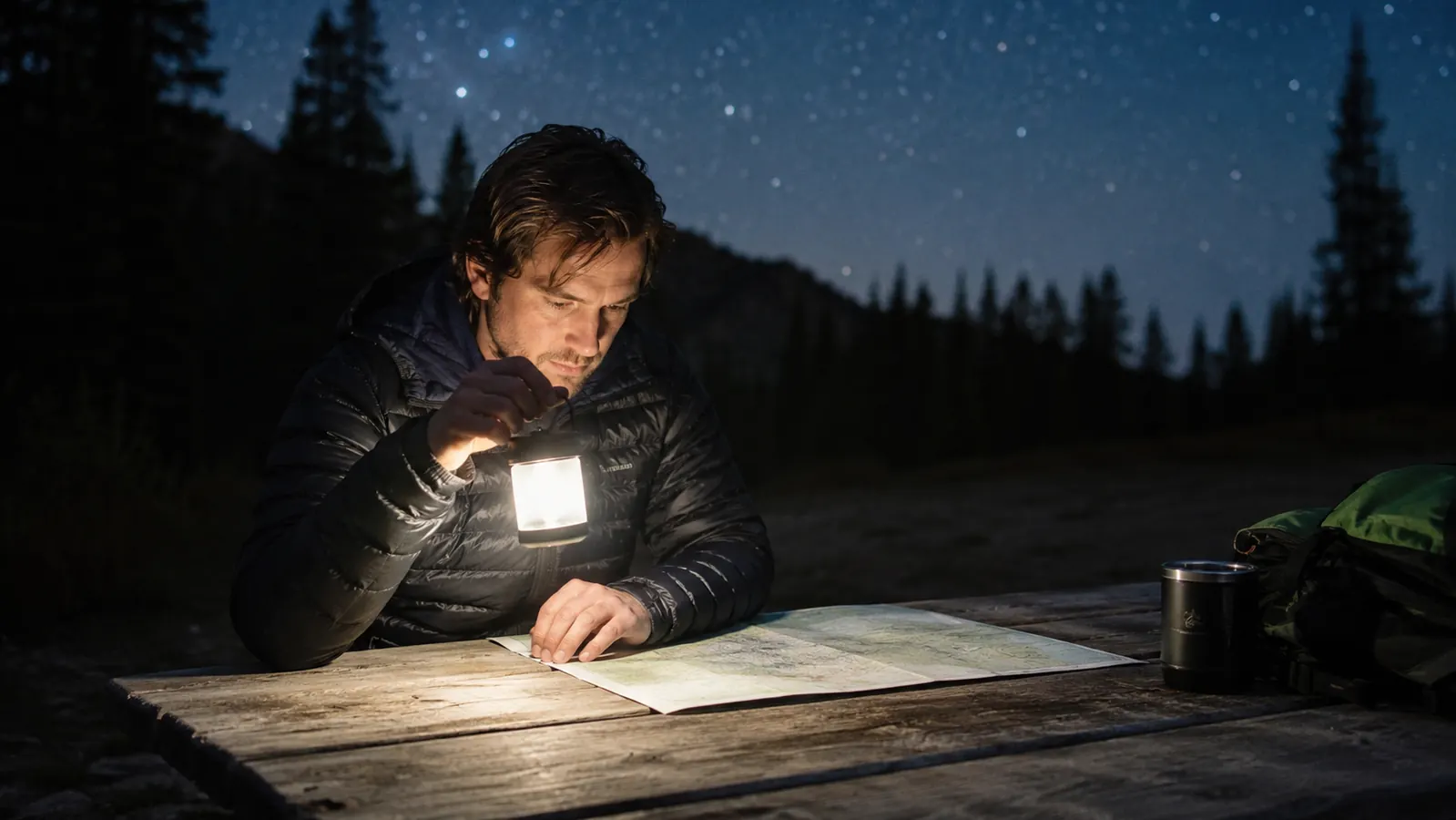 Camper holding a rechargeable camping lantern while reading a map at a picnic table after dark