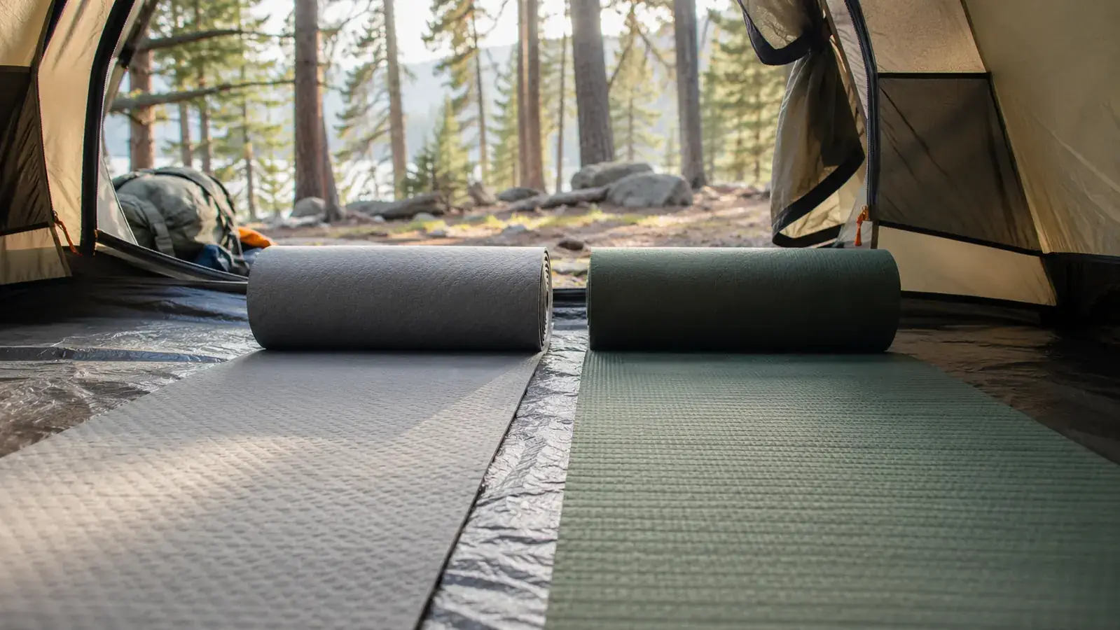 Two sleeping pads laid out side by side inside a tent on a forest camping trip