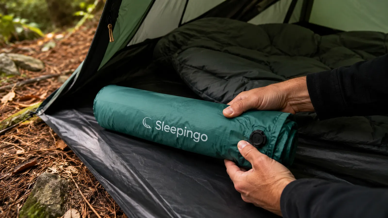Hands unrolling a compact inflatable sleeping pad on a tent floor next to a sleeping bag