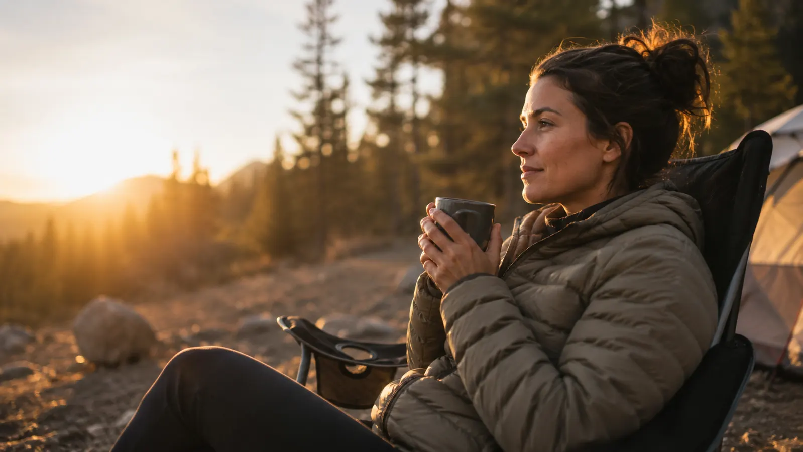 A camper sitting at a folding camp table drinking coffee in the morning, looking rested and relaxed outside a tent