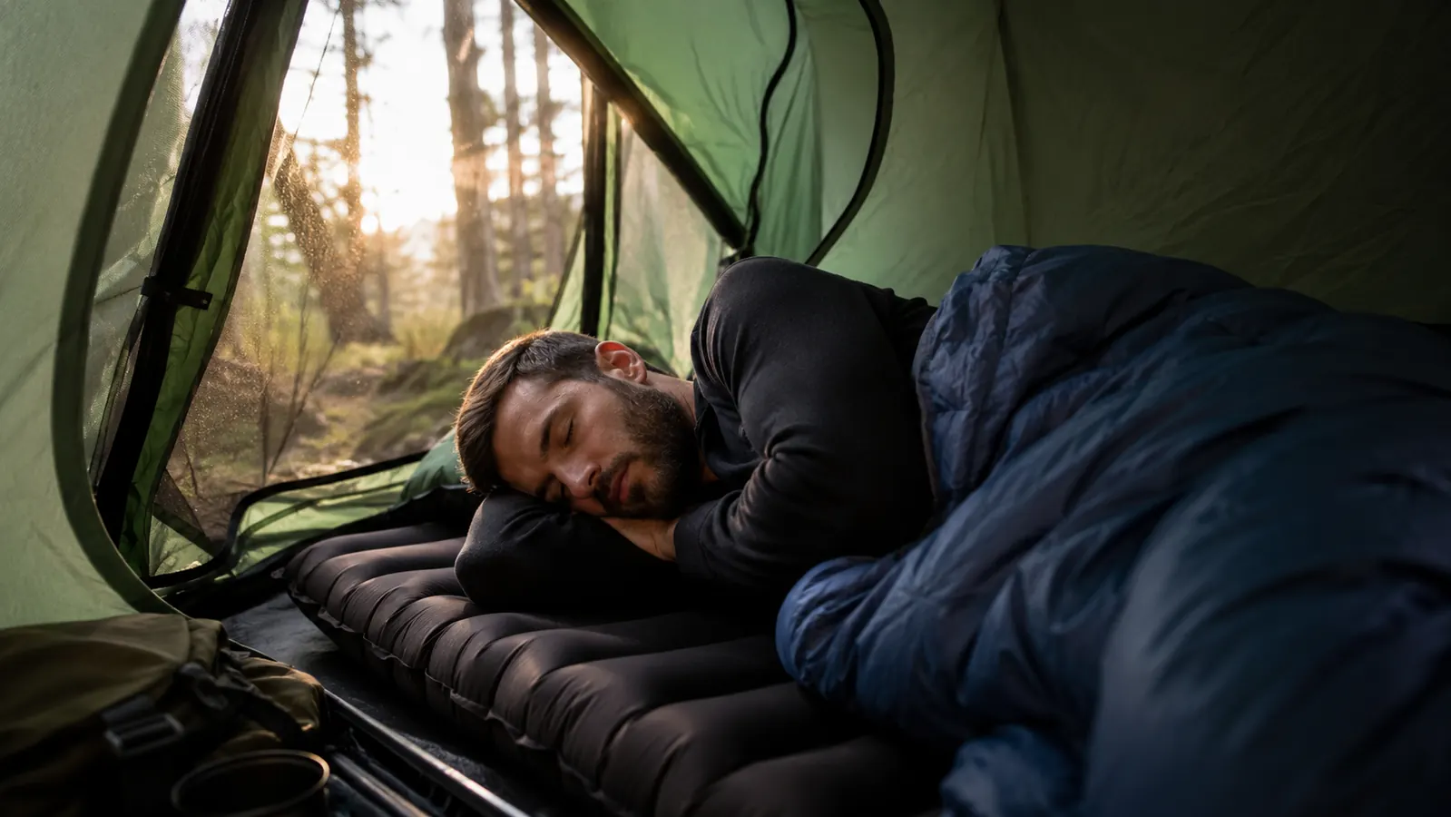 A camper lying on an inflatable sleeping pad inside a tent with warm morning light filtering through the mesh door