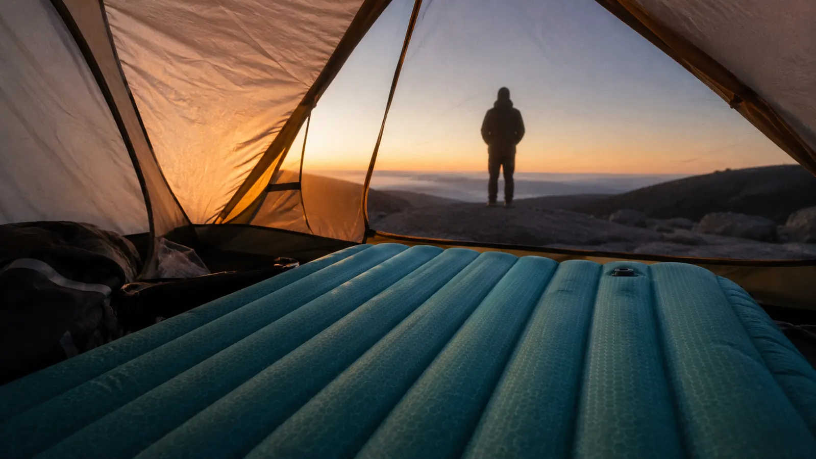 Inflated Sleepingo sleeping pad laid out inside a backpacking tent on cold-looking ground at dusk