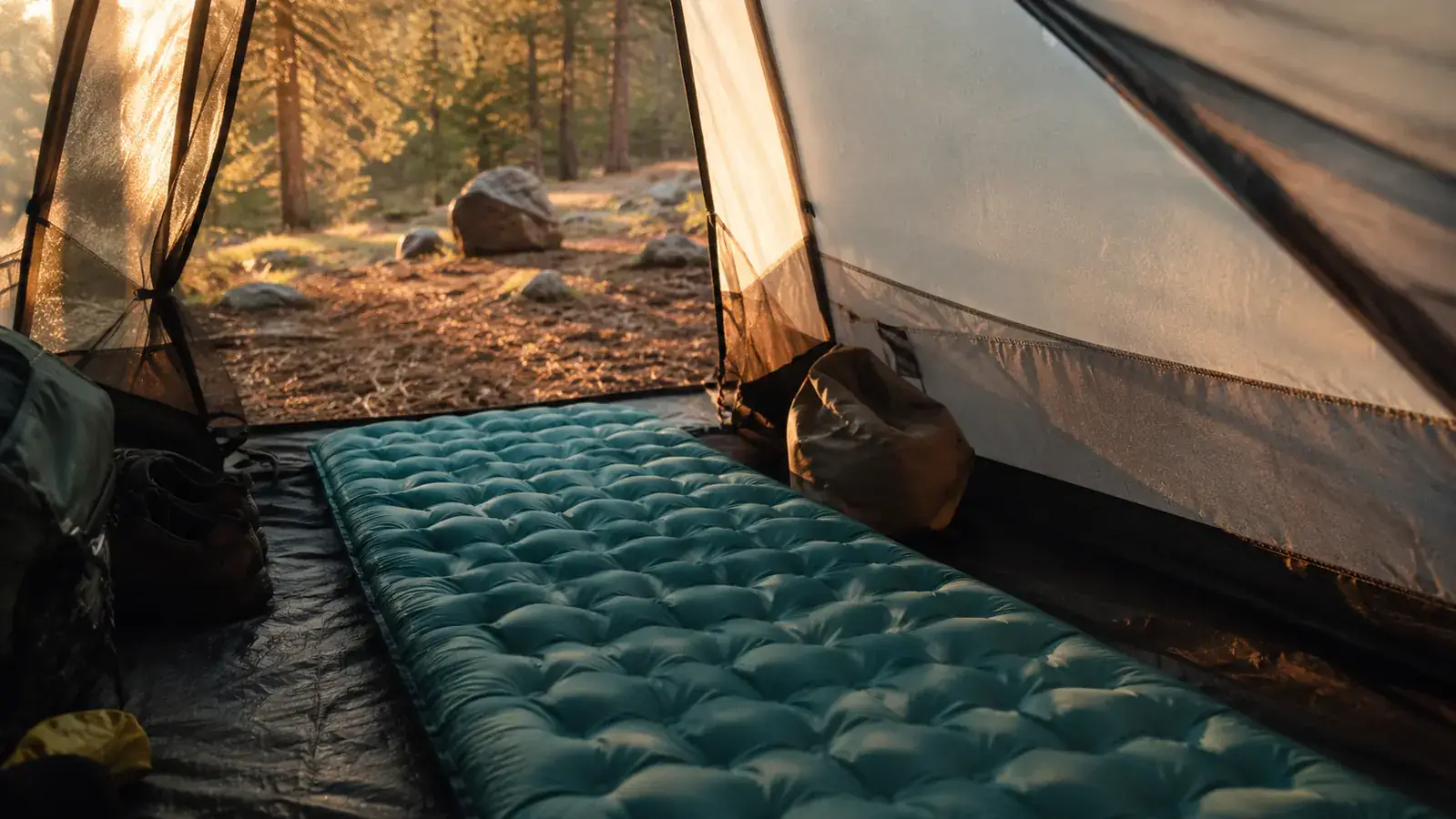 Inflated Sleepingo sleeping pad inside a backpacking tent on a forest floor at dusk